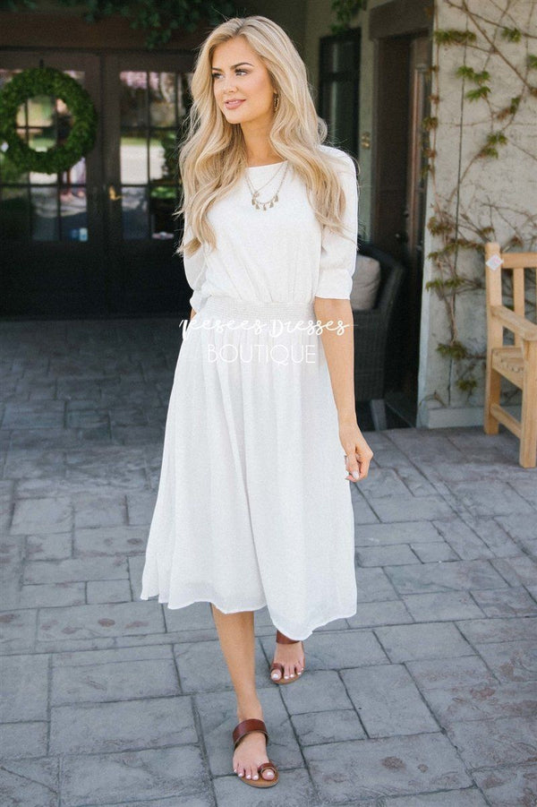 Ivory Tie Sleeve Woven Dress Modest Dress | Best Online Modest Boutique ...