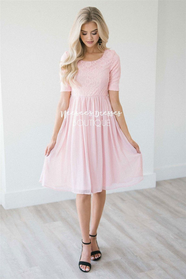 Blush Pink Lace Chiffon Modest Bridesmaids Dress | Modest Bridesmaids ...