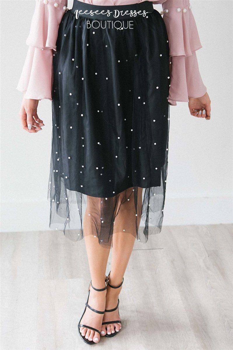 black tulle skirt with pearls