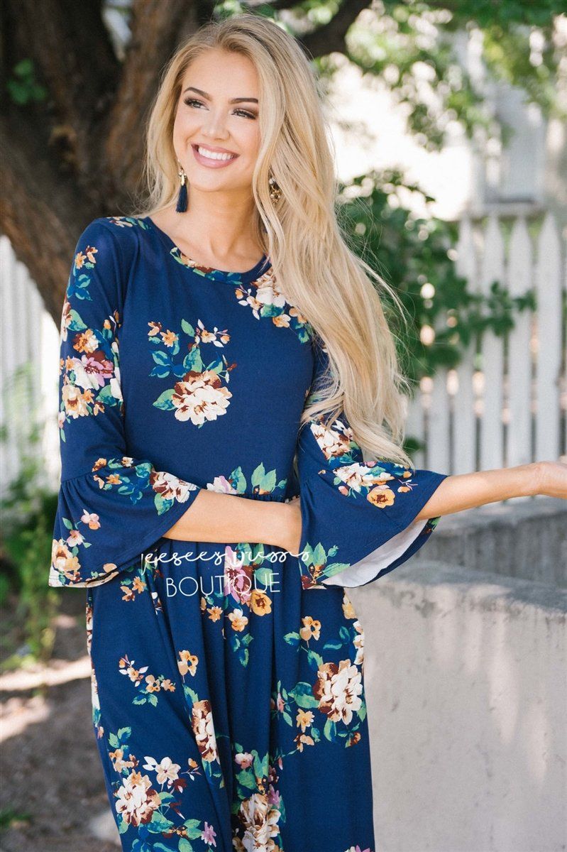 Navy Floral Bell Sleeve Modest Dress | Best Online Modest Boutique for ...