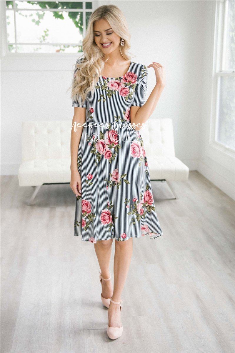 Navy Striped Floral Modest Summer Dress Cute Modest Clothes Modest Dresses And Skirt For 2505