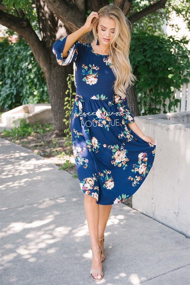 Navy Floral Bell Sleeve Modest Dress | Best Online Modest Boutique for ...