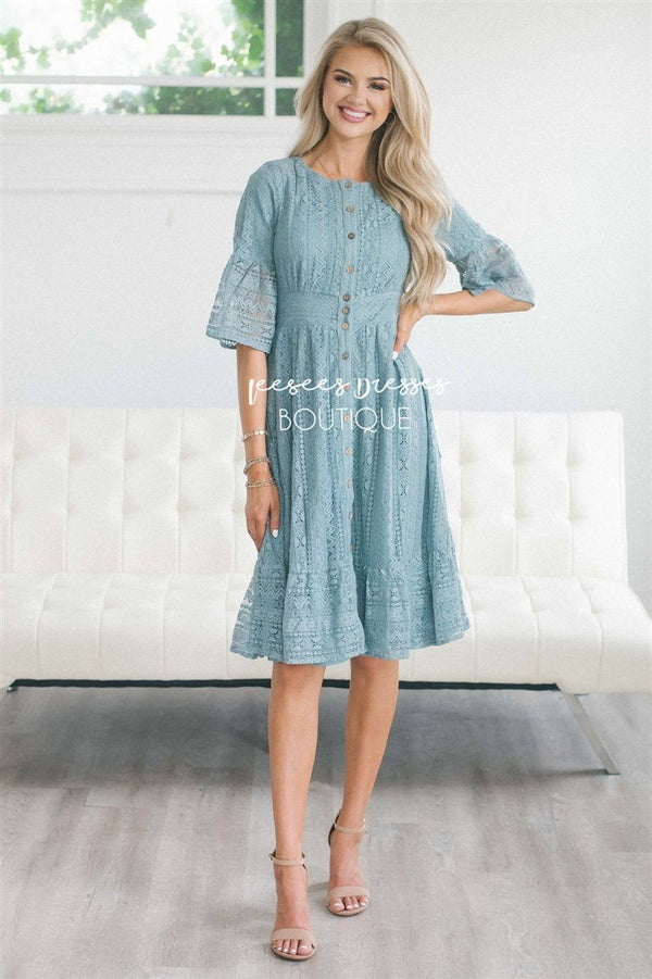 Teal Lace Bell Sleeve Nursing Dress Modest Dress | Best Online Modest ...