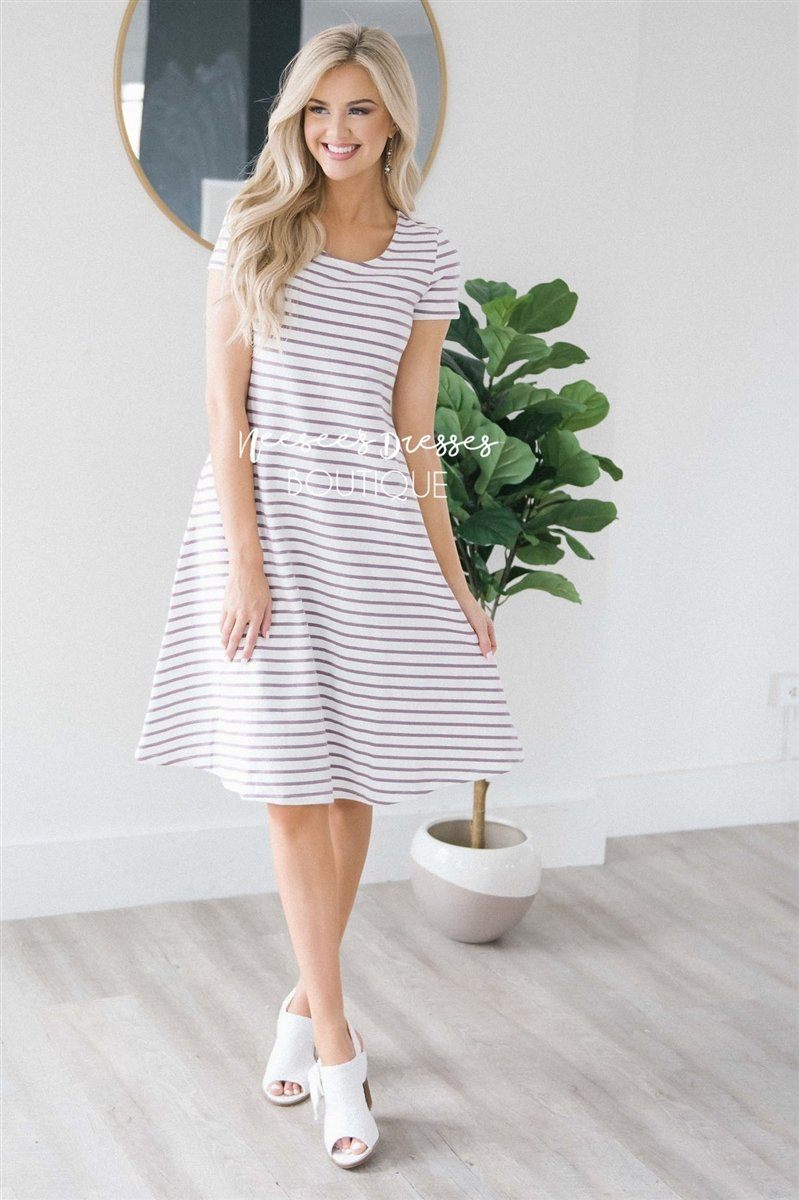 Dusty Plum Stripes Pocket Modest Summer Dress | Cute Modest Clothes ...