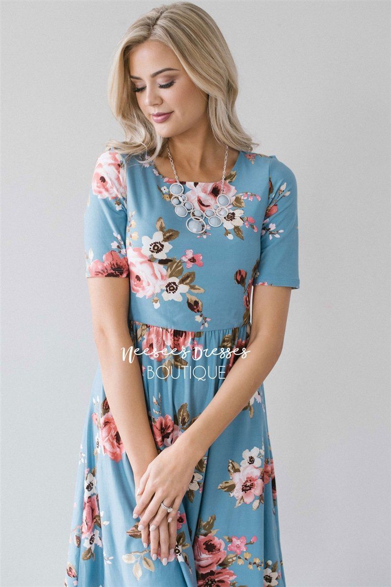 Sky Blue Pink Floral Dress Modest Bridesmaids Dress | Cute Modest ...