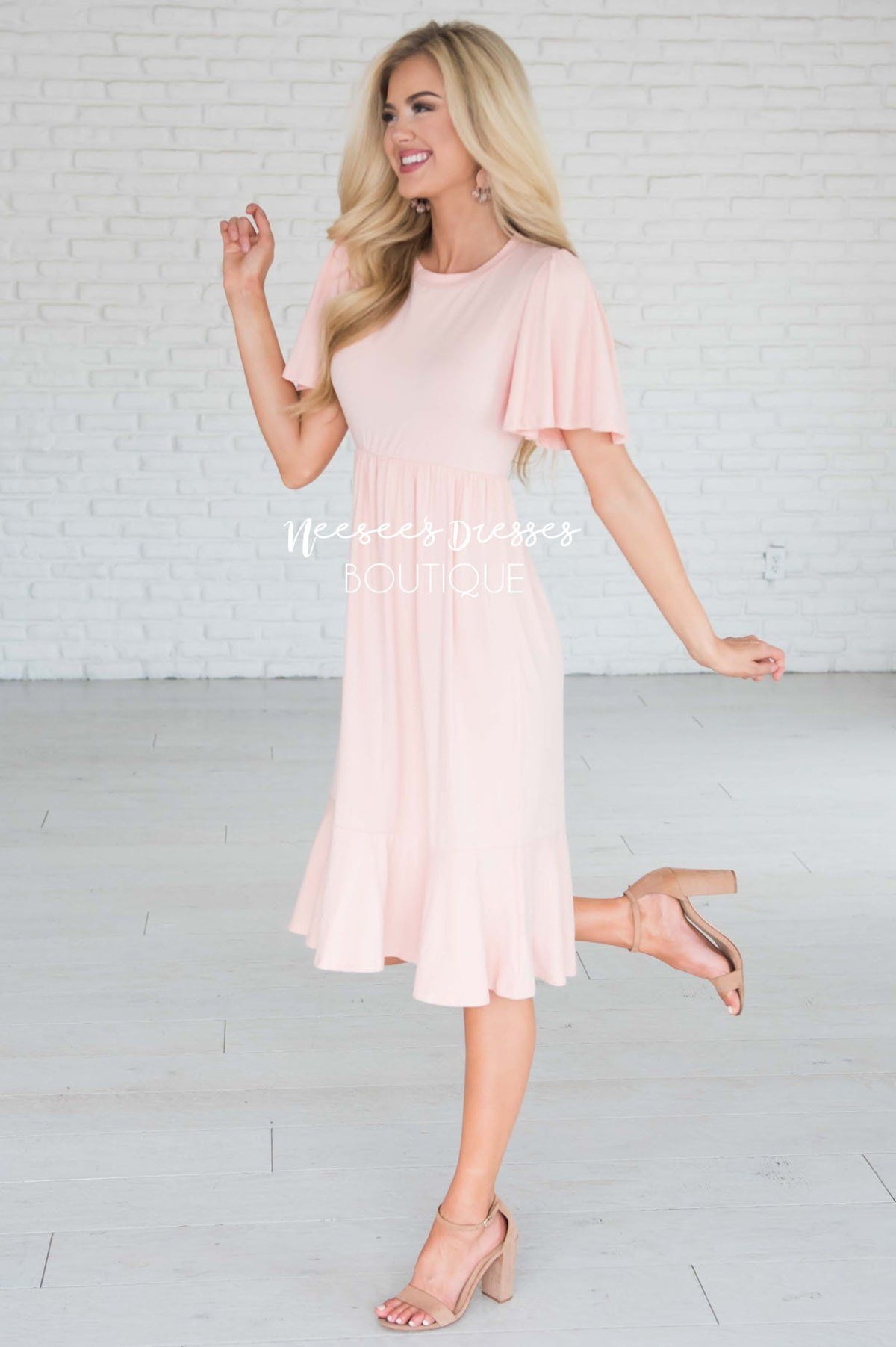 Peachy Pink Ruffle Hem Floral Modest Church Dress | Best and Affordable ...