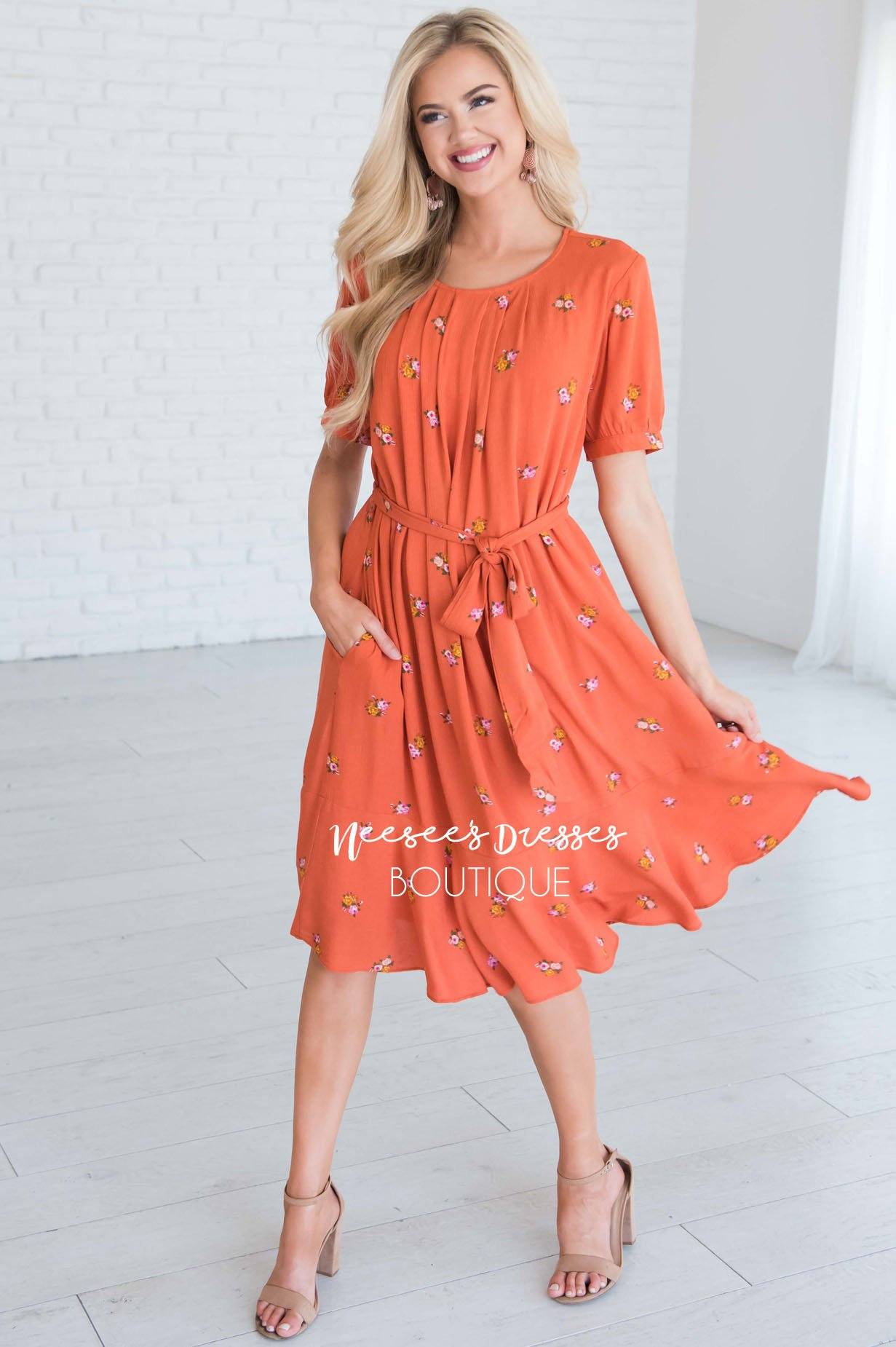 Burnt Orange Pleated Modest Dress 