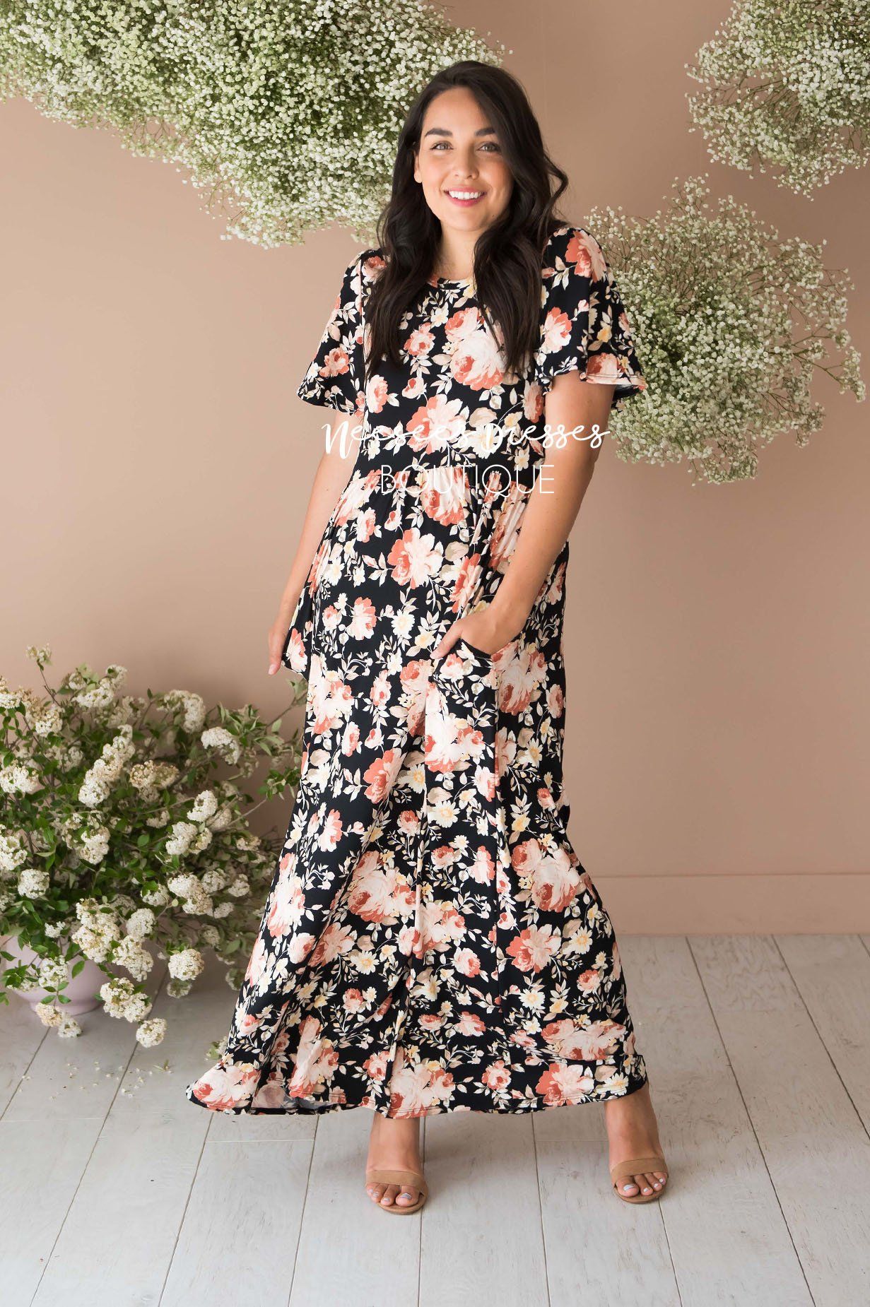 Black/Coral Floral Maxi Modest Church Dress | Best and Affordable ...