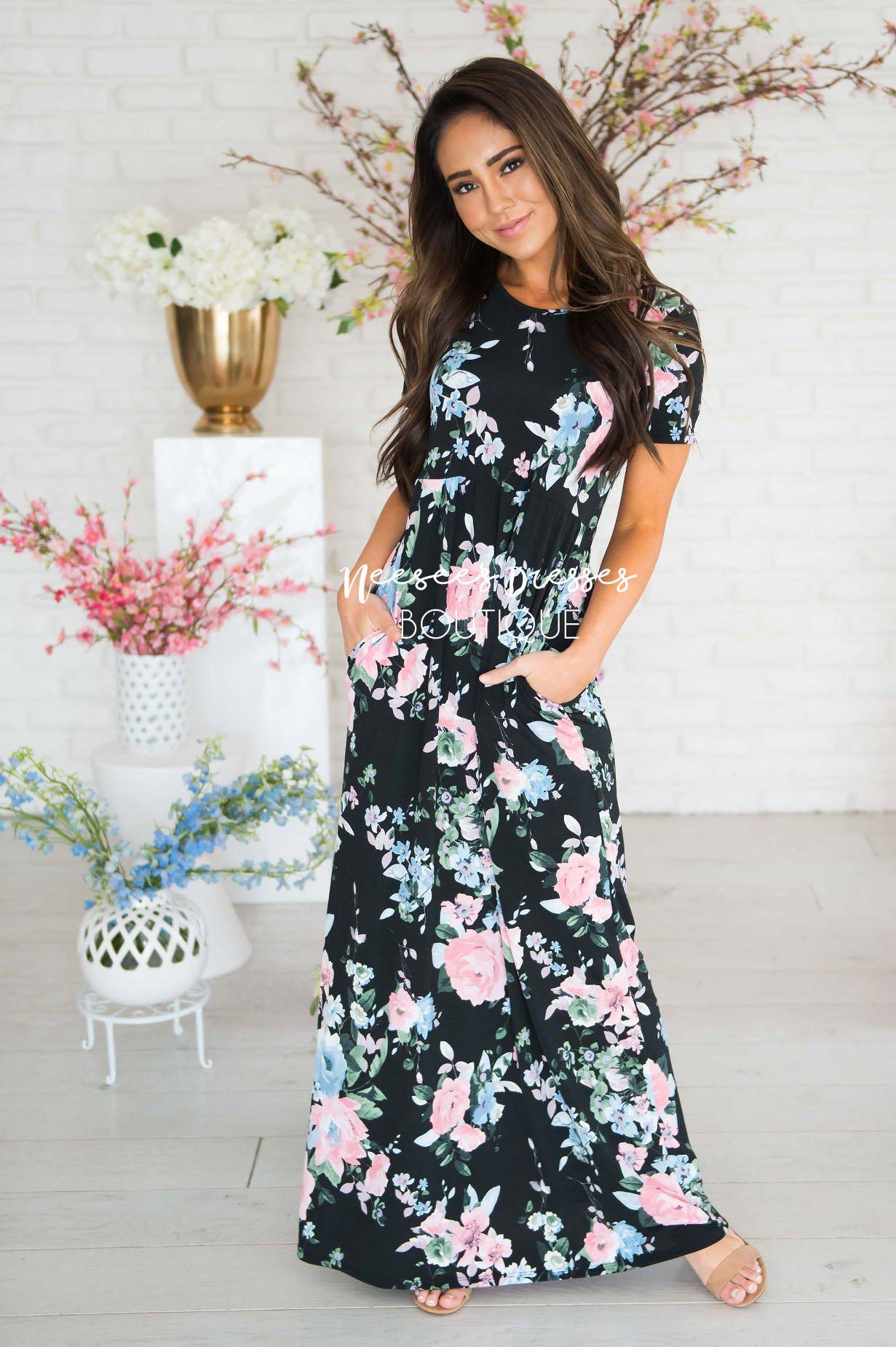 Black Pink Floral Maxi Modest Church Dress | Best and Affordable Modest ...