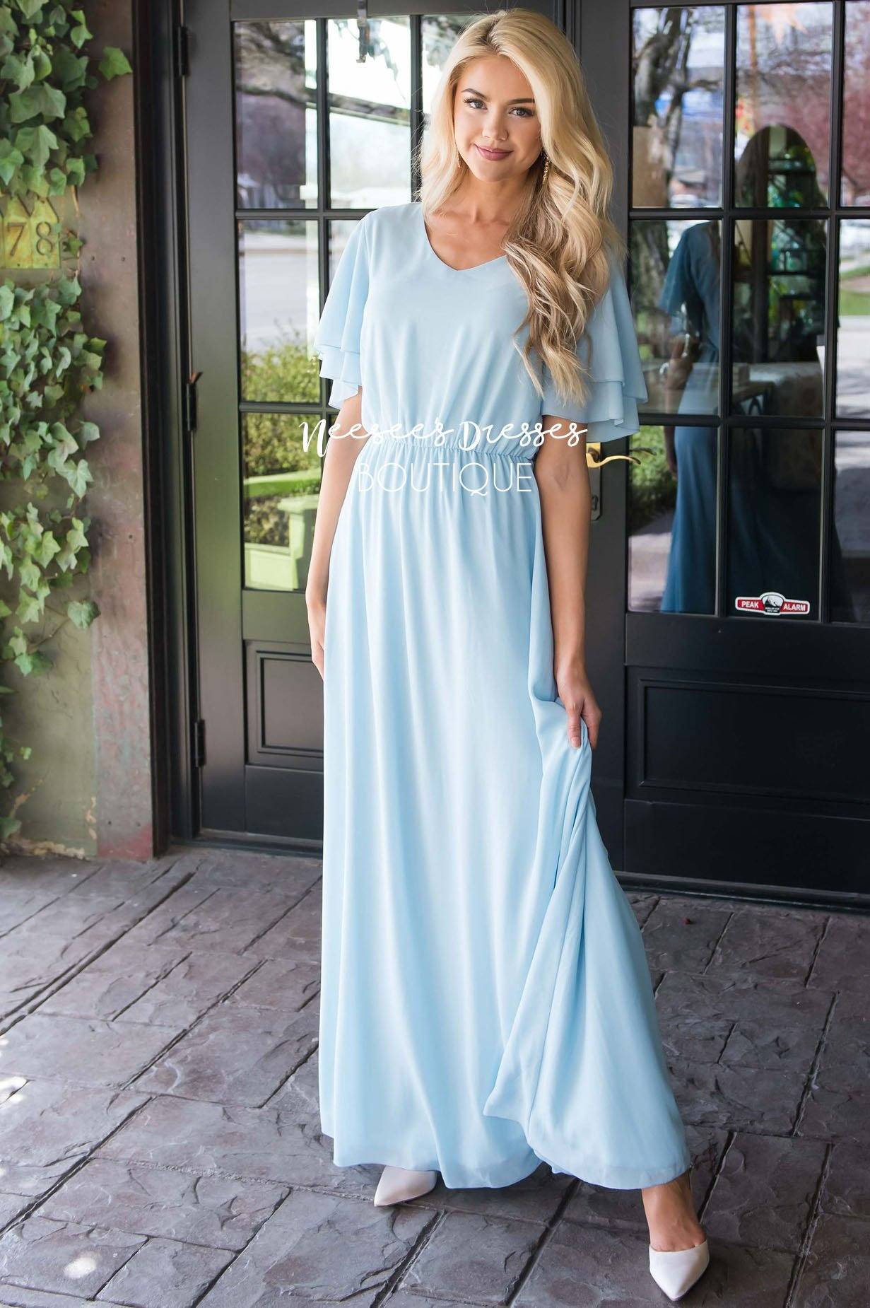 Powder Blue Chiffon Maxi Dress | Modest Bridesmaids Dresses - NeeSee’s