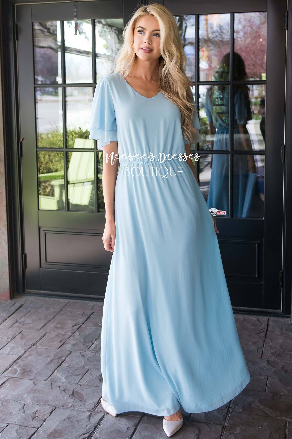 Powder Blue Chiffon Maxi Dress Modest Bridesmaids Dresses Neesees Dresses 7832