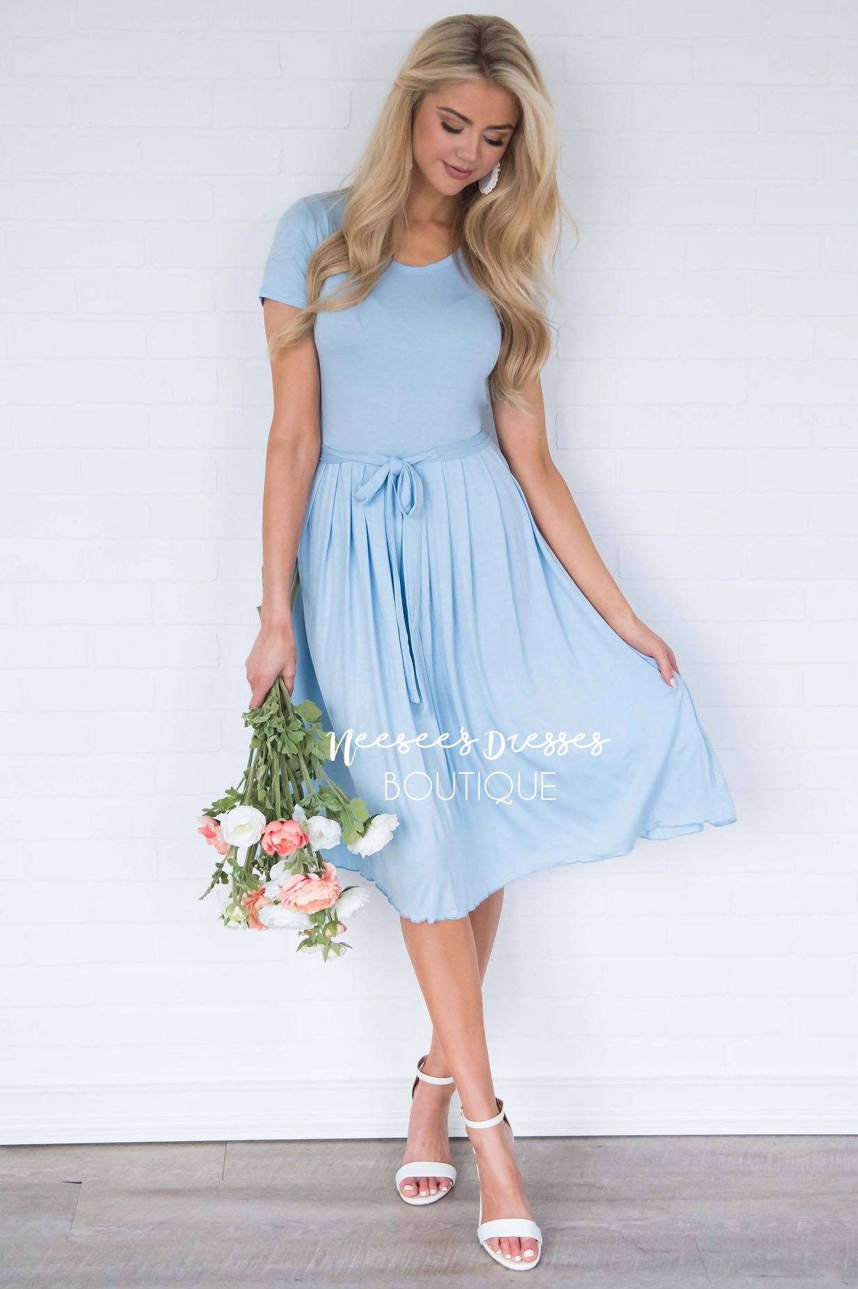 modest light blue dress