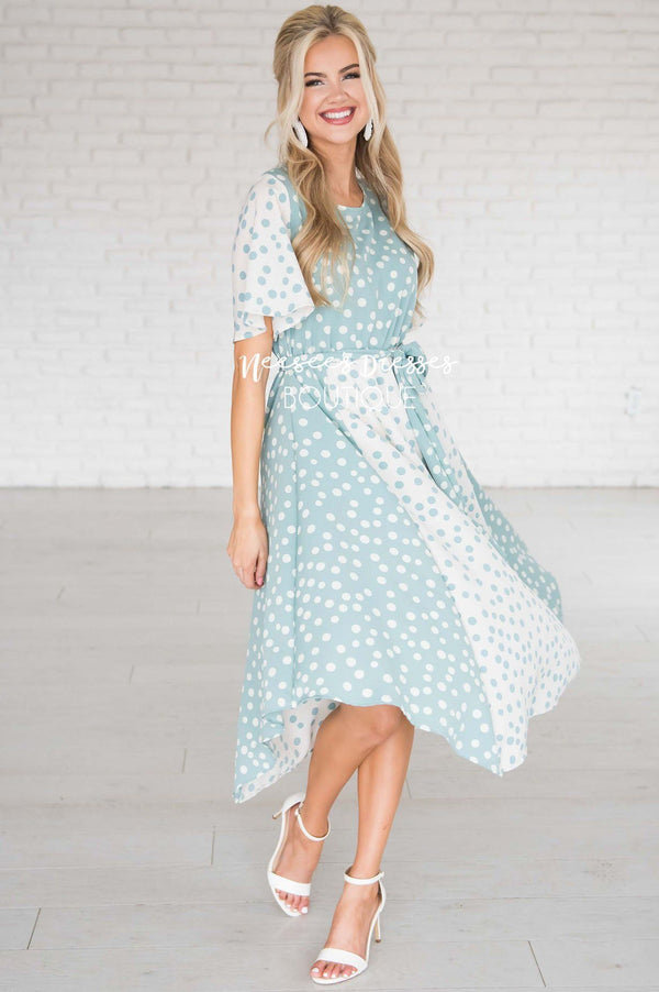 Dusty Blue Two Toned Polka Dot Modest Dress | Best Place To Buy Modest ...