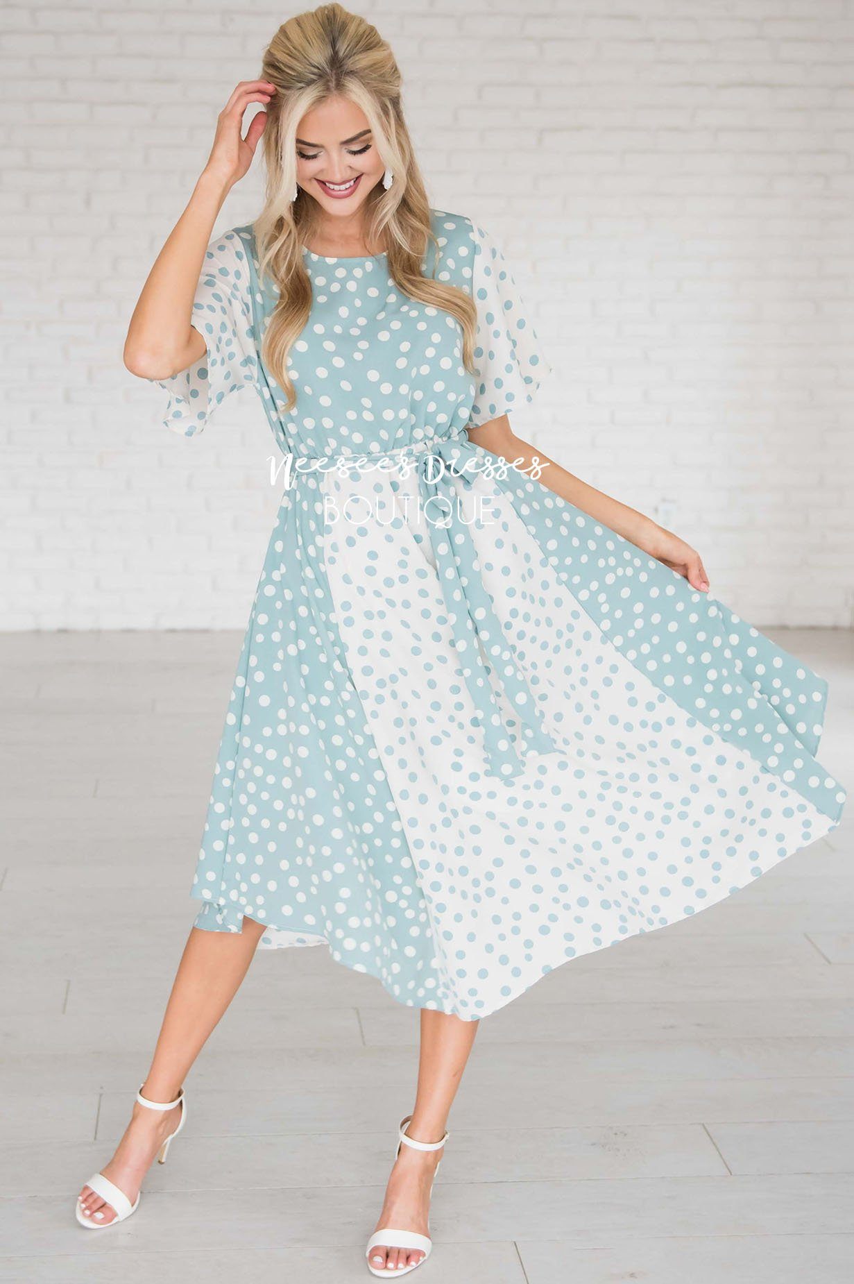 Dusty Blue Two Toned Polka Dot Modest Dress | Best Place To Buy Modest ...