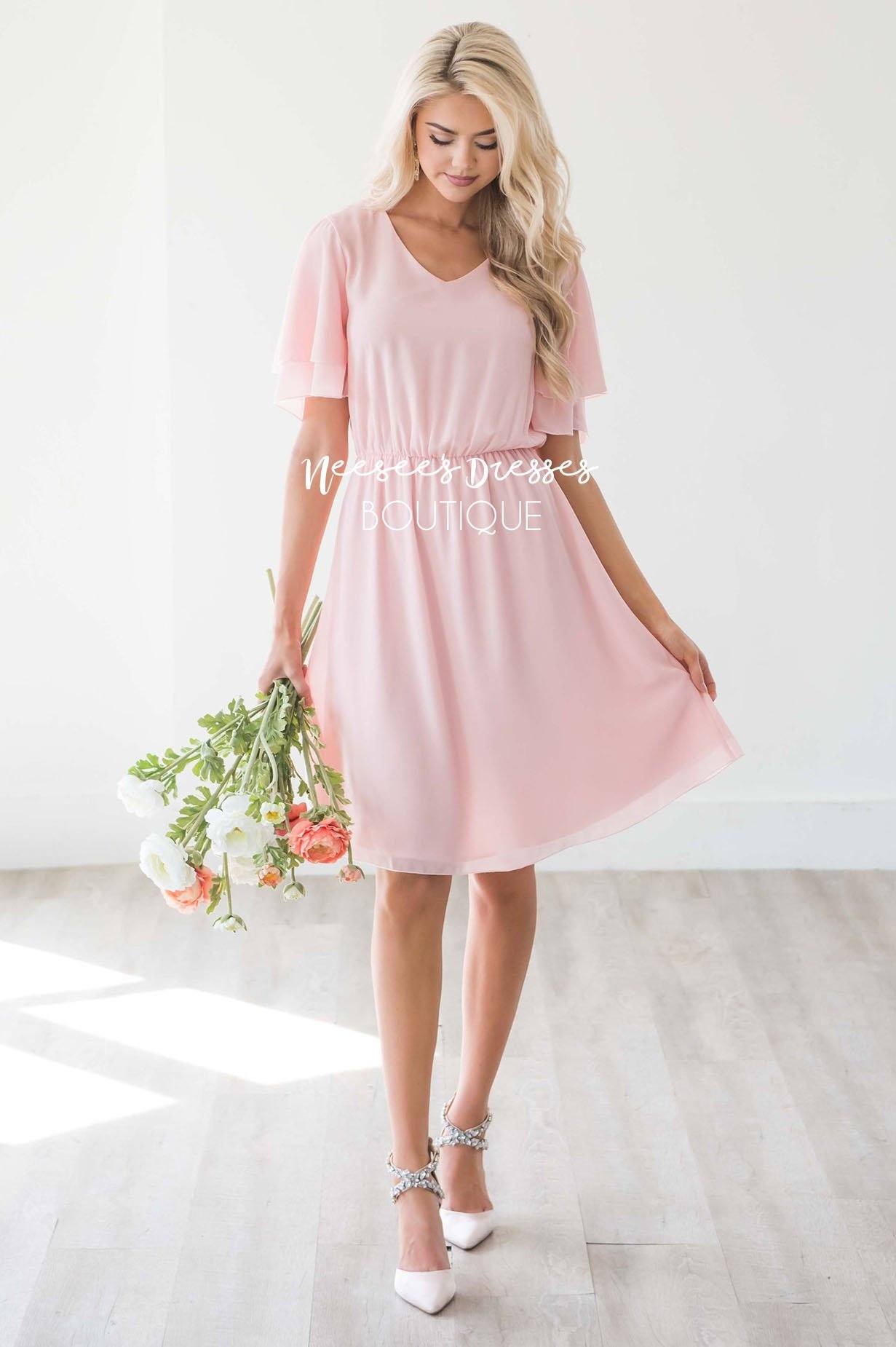 Blush Pink Chiffon Dress | Modest Bridesmaids Dresses - NeeSee's Dresses