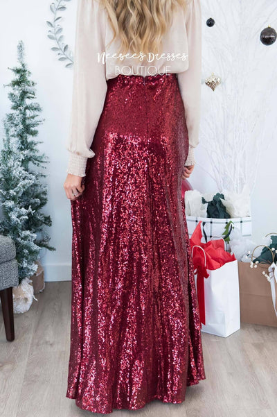 burgundy sequin maxi skirt