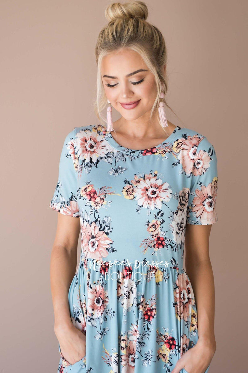 Dusty Blue Floral Modest Church Dress | Best and Affordable Modest ...
