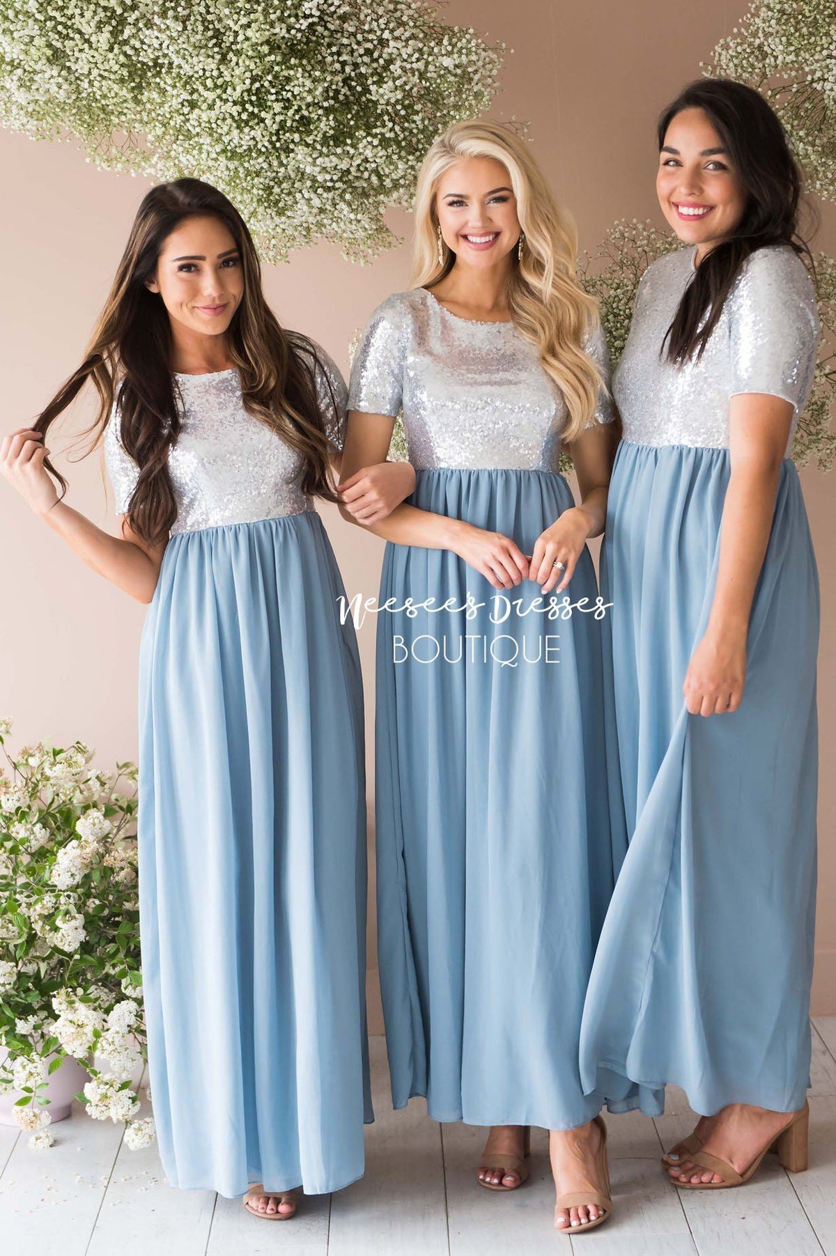 Dusty Blue Chiffon Sequin Maxi Dress | Beautiful Modest Bridesmaids ...