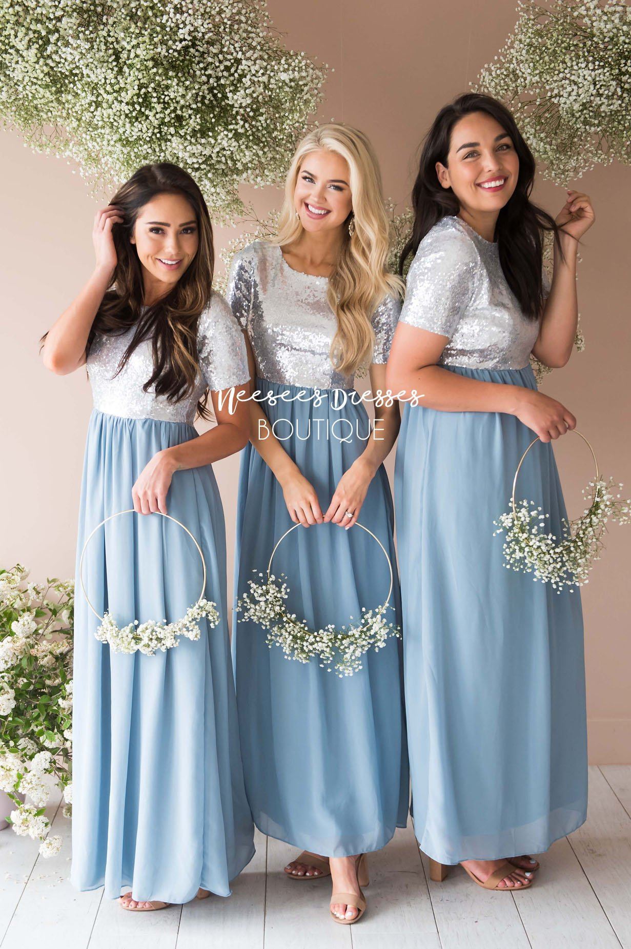 dusty blue sparkly bridesmaid dresses