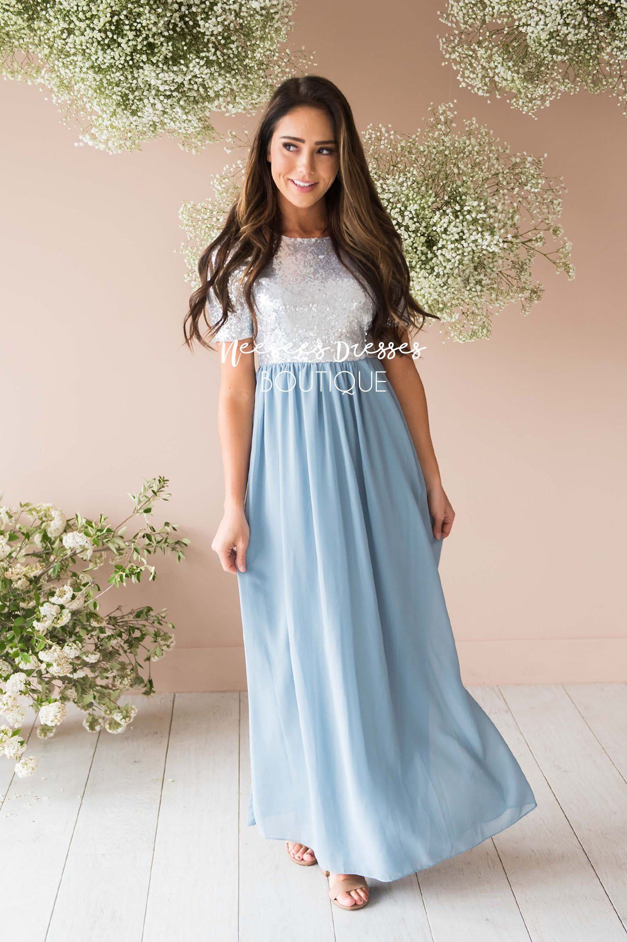 Dusty Blue Chiffon Sequin Maxi Dress Beautiful Modest Bridesmaids Dresses With Sleeves Best 2407