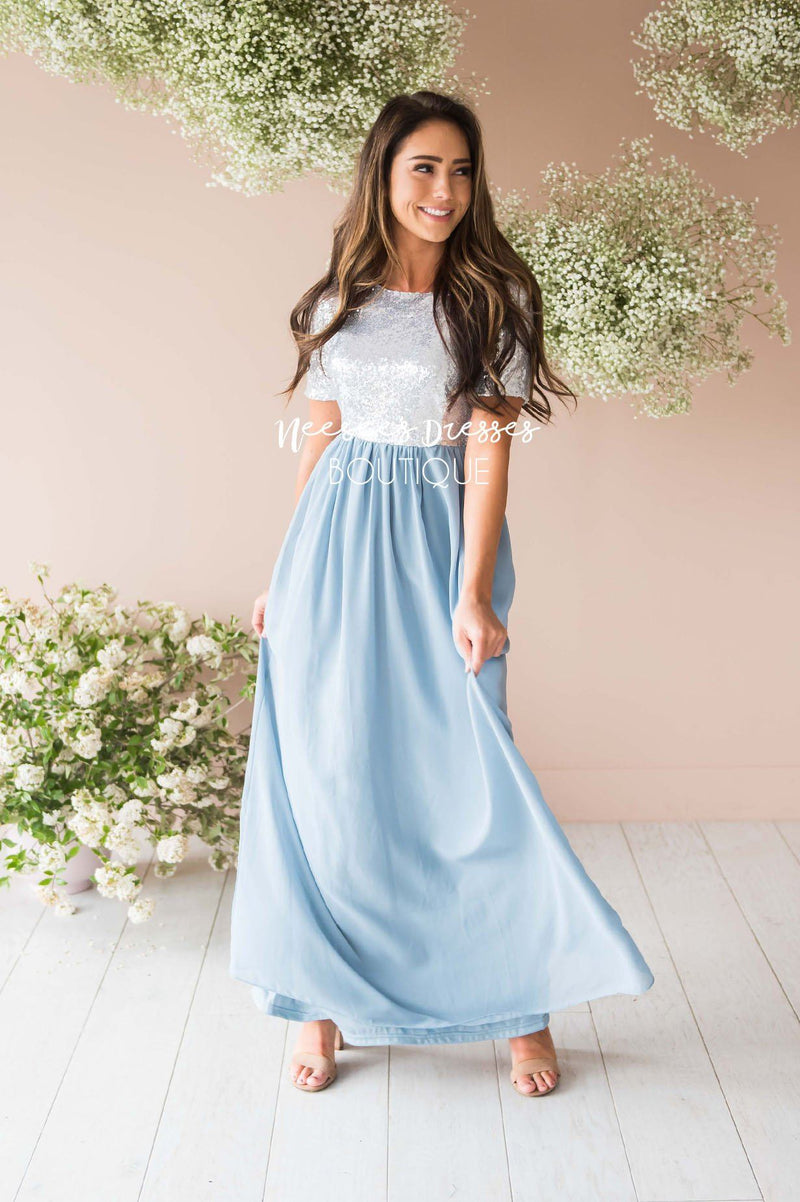 dusty blue modest bridesmaid dresses
