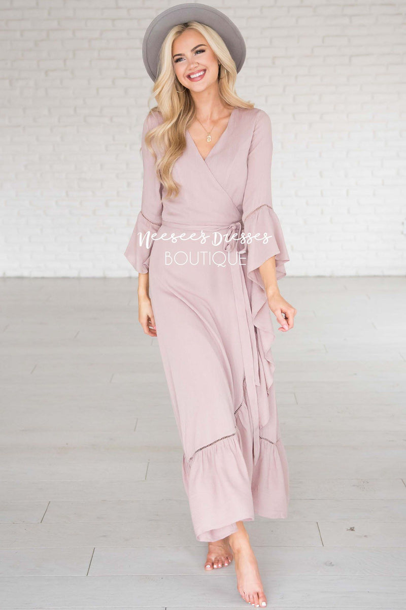 Dusty Pink Ruffle Wrap Modest Maxi Dress | Best Place To Buy Modest ...