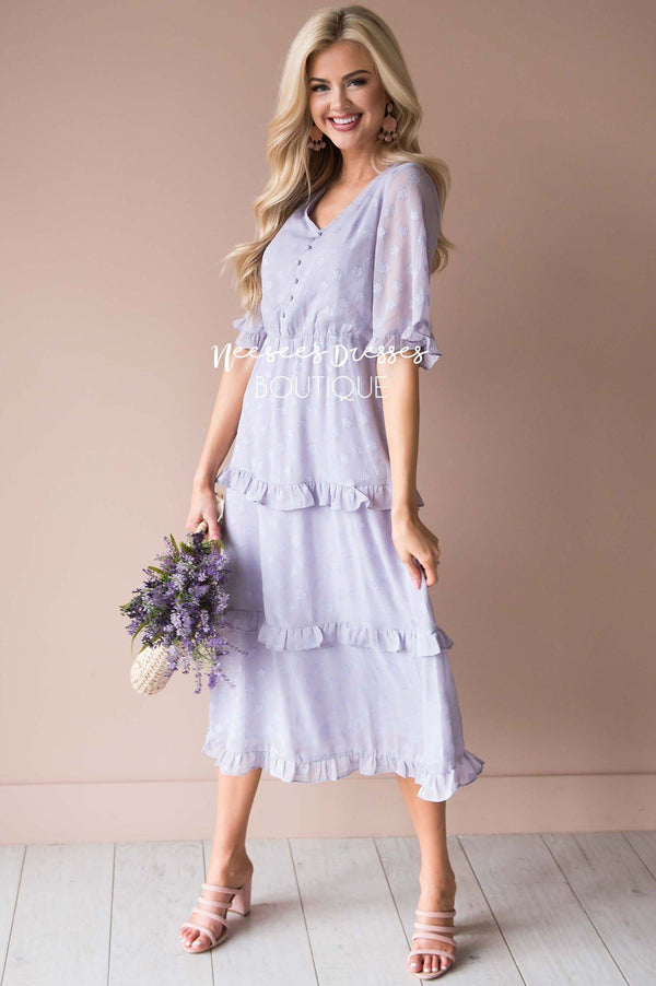 Lavender Tiered Ruffle Trim Modest Dress | Best Place To Buy Modest ...