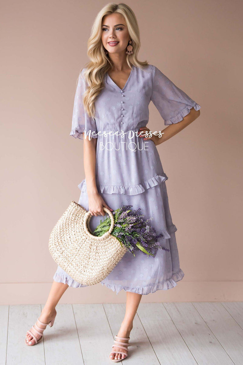 Lavender Tiered Ruffle Trim Modest Dress | Best Place To Buy Modest ...