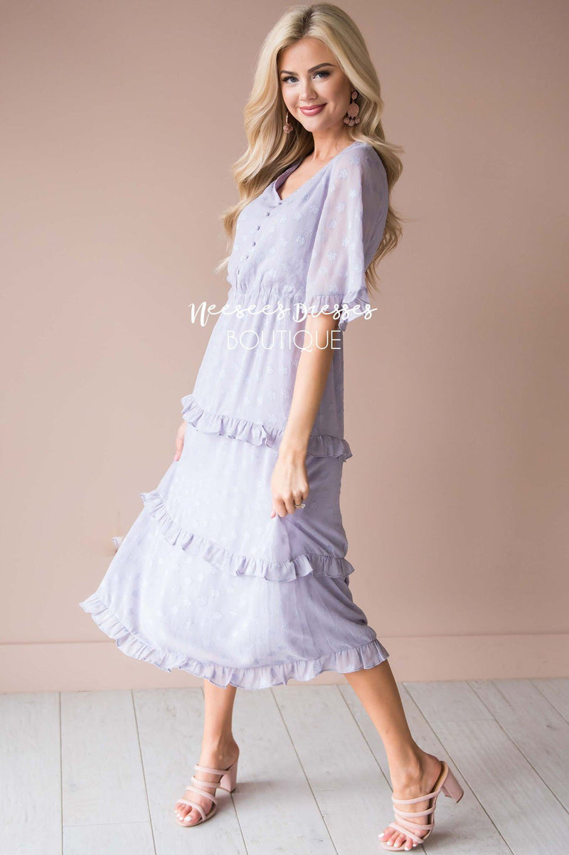 Lavender Tiered Ruffle Trim Modest Dress | Best Place To Buy Modest ...