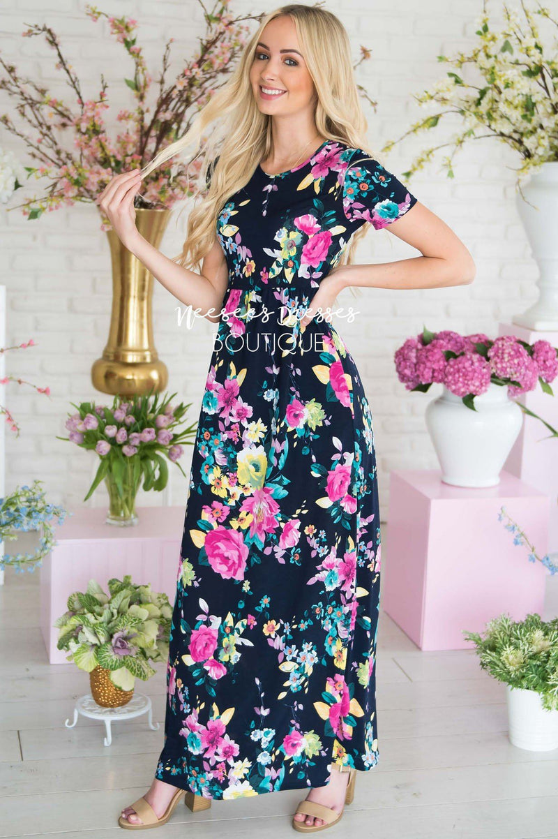 Navy Fuchsia Floral Maxi Modest Church Dress | Best and Affordable ...