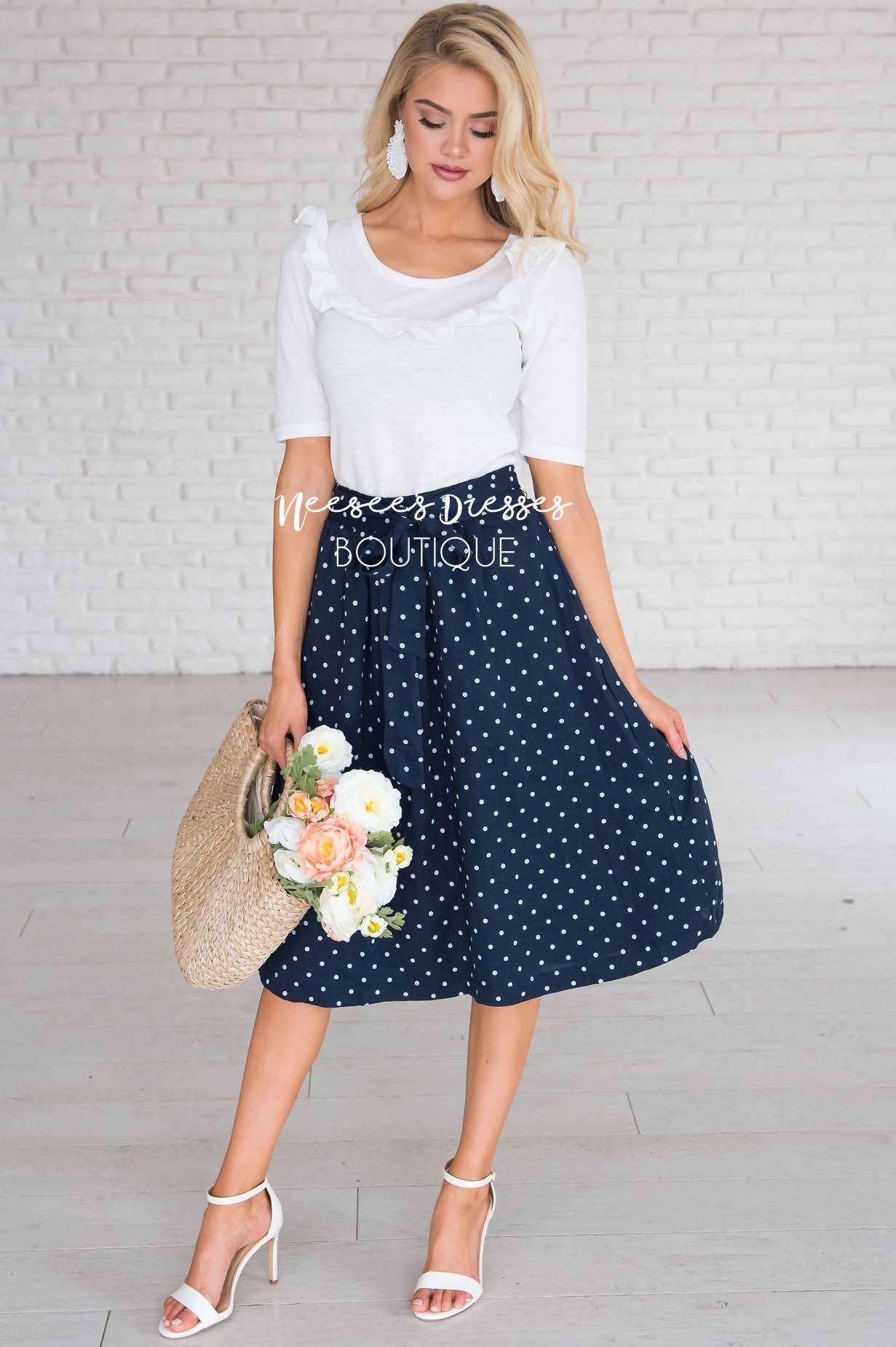 Navy Polka Dot Modest Skirt | Cute Modest Bottoms - NeeSee's Dresses