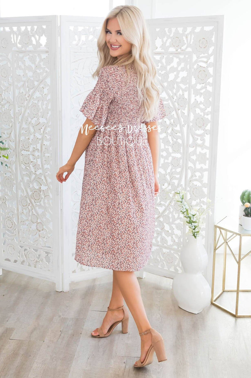 Taupe w/ Navy, White & Rust Floral Modest Dress | Cute Modest Dresses ...