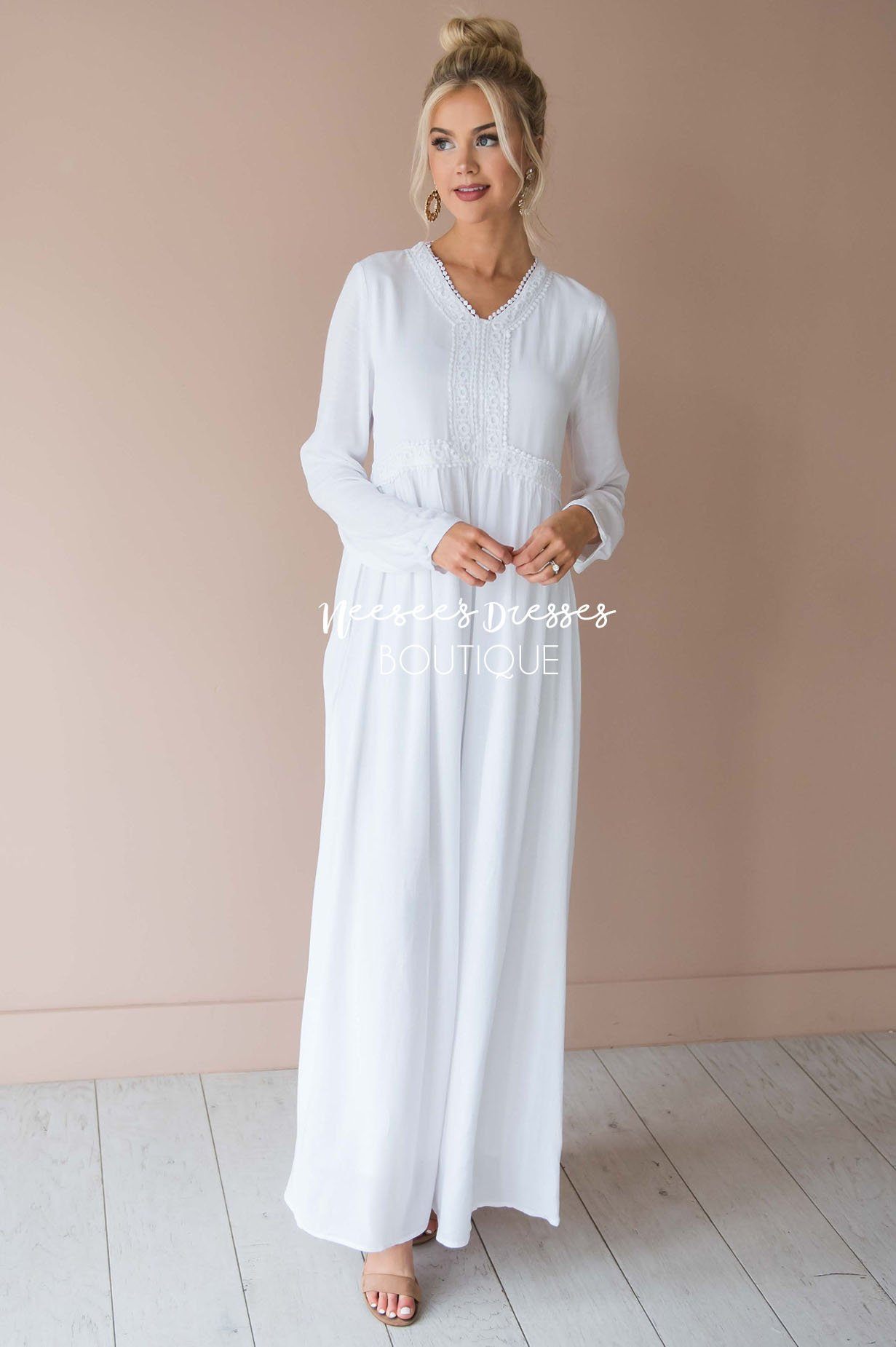Modest Long Sleeve White Dress Online ...