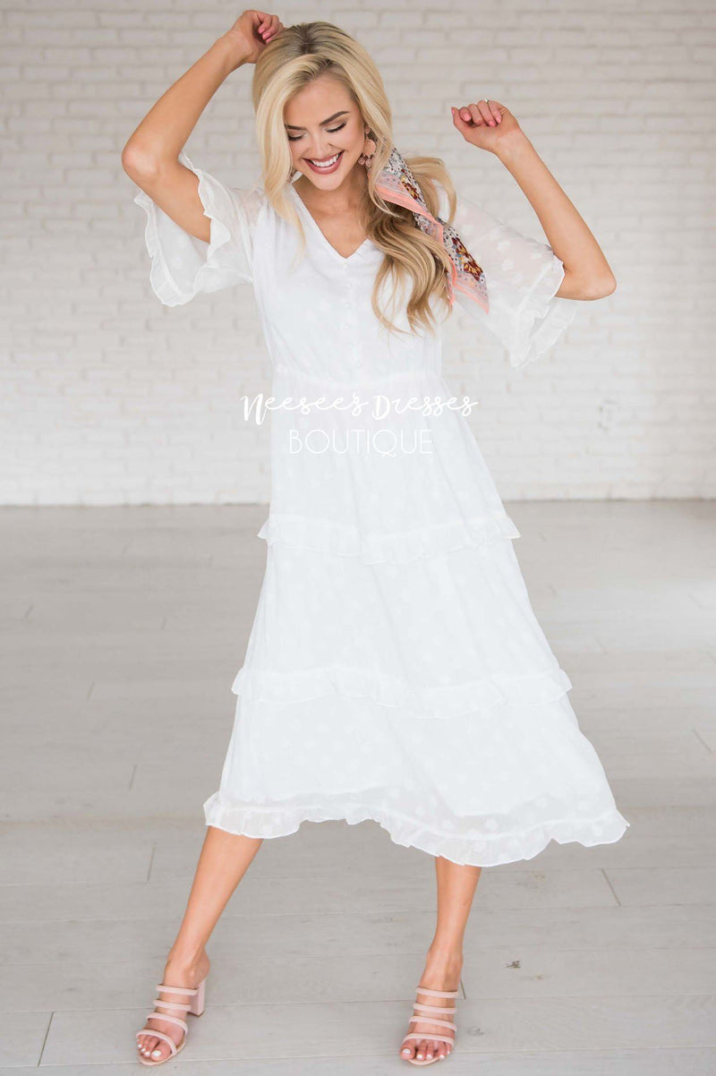 White Tiered Ruffle Trim Modest Dress | Best Place To Buy Modest ...
