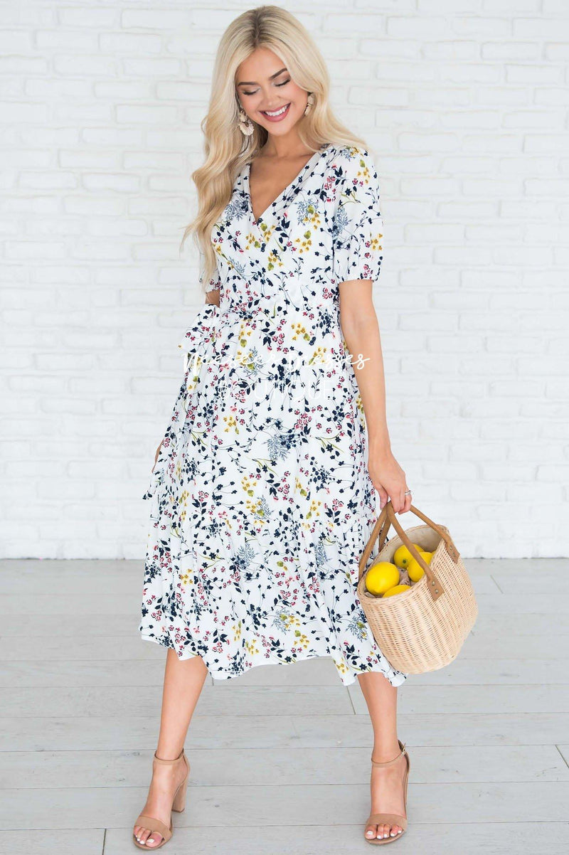 White Wrap Floral Modest Dress | Best and Affordable Modest Boutique ...