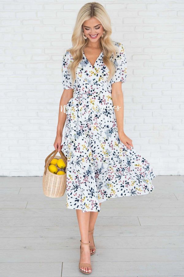White Wrap Floral Modest Dress | Best and Affordable Modest Boutique ...