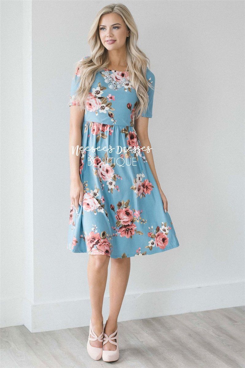 blue and pink floral dress