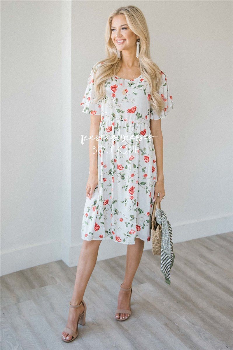 Ivory Red Floral Flutter Sleeve Dress | Best and Affordable Modest ...