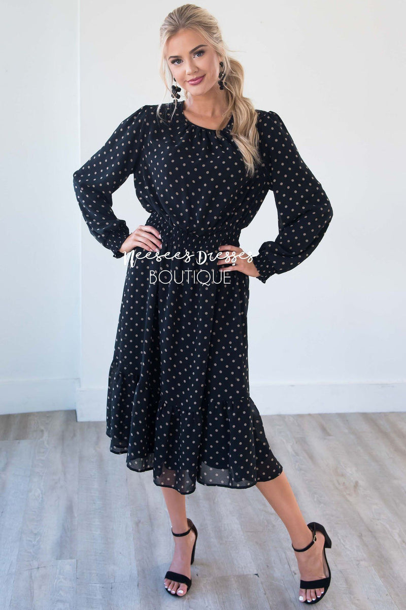 Black and Beige Polka Dot Modest Dress | Best Online Modest Boutique ...