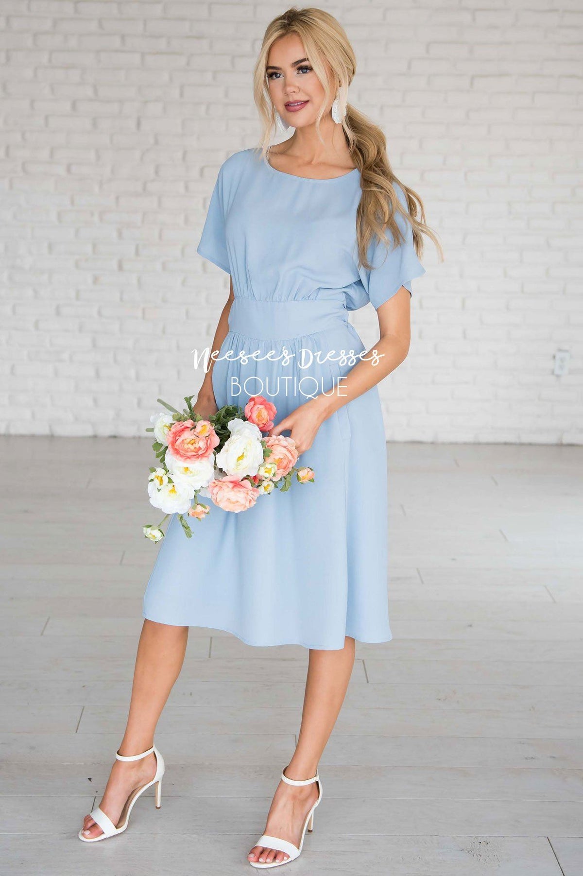 Dusty Blue Tie Waist Modest Dress | Cute Modest Dresses - NeeSee's Dresses