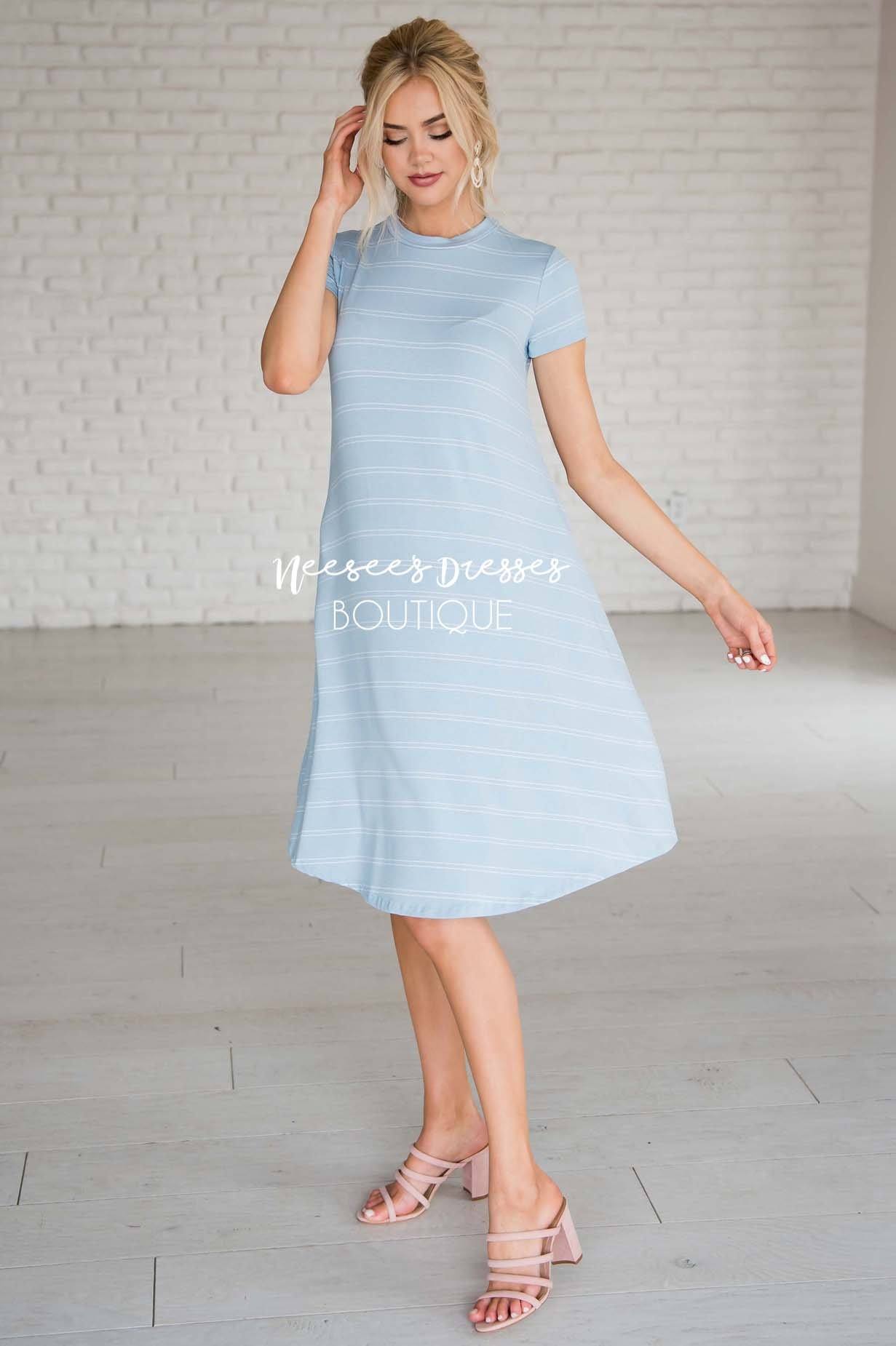 Soft Blue Striped Modest Swing Dress | Best Place To Buy Modest Dresses ...