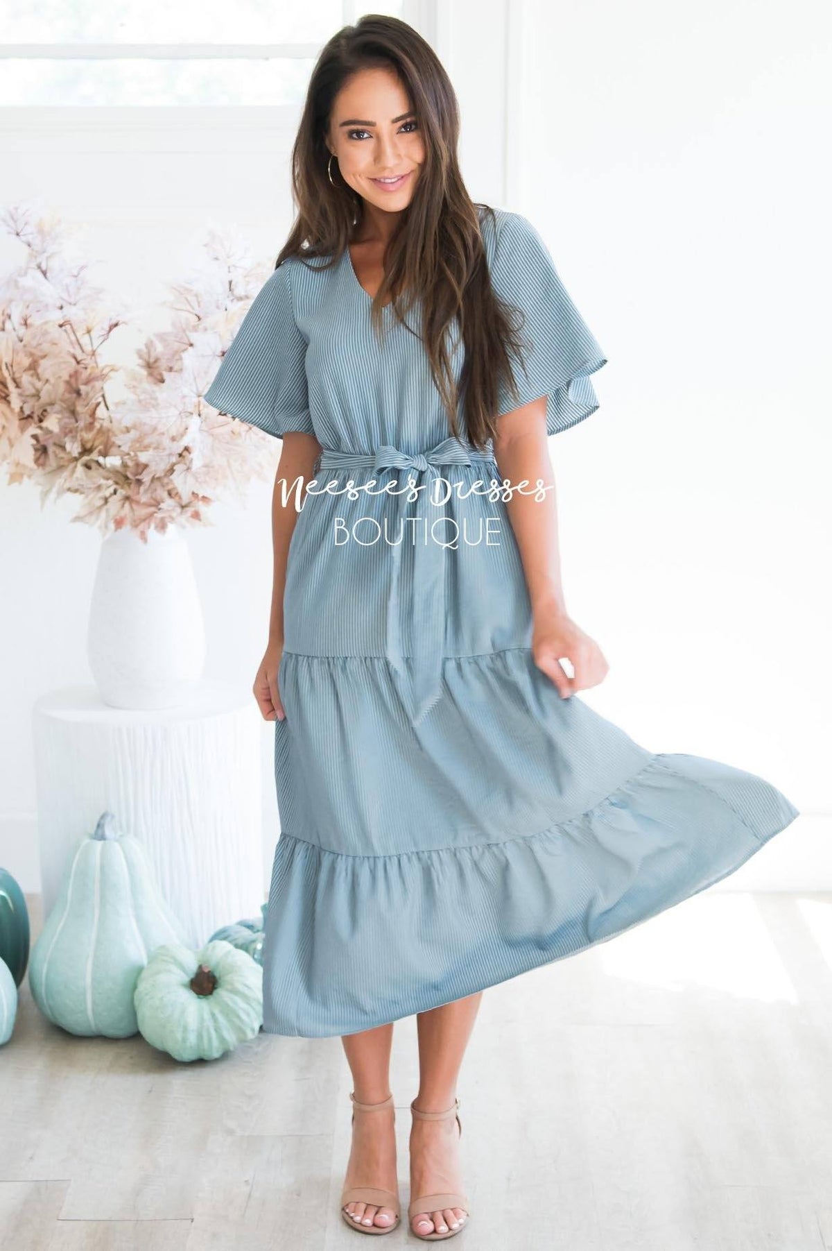 Sage and Grey Striped Modest Dress | Cute Modest Dresses - NeeSee's Dresses