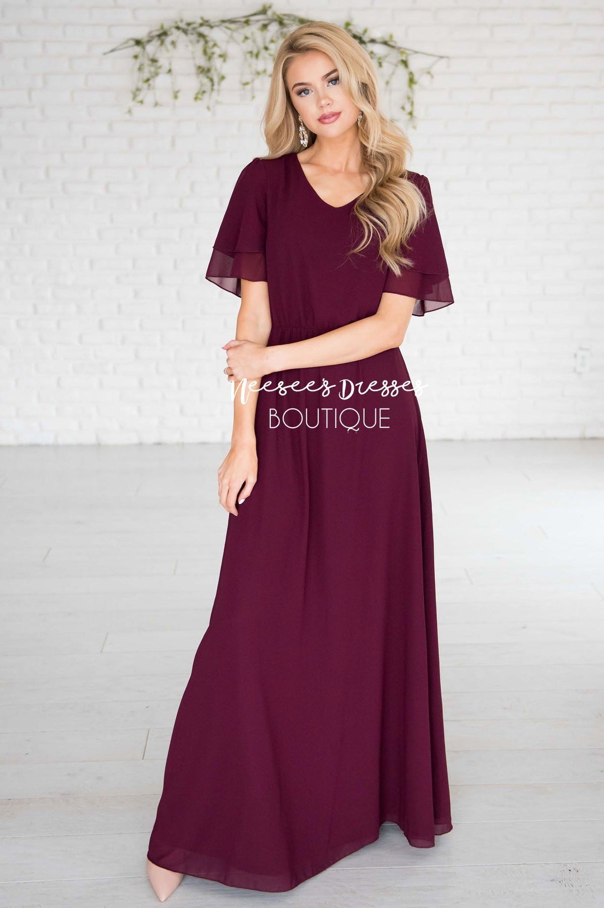 Deep Plum Chiffon Maxi Dress | Modest Bridesmaids Dresses - NeeSee's ...