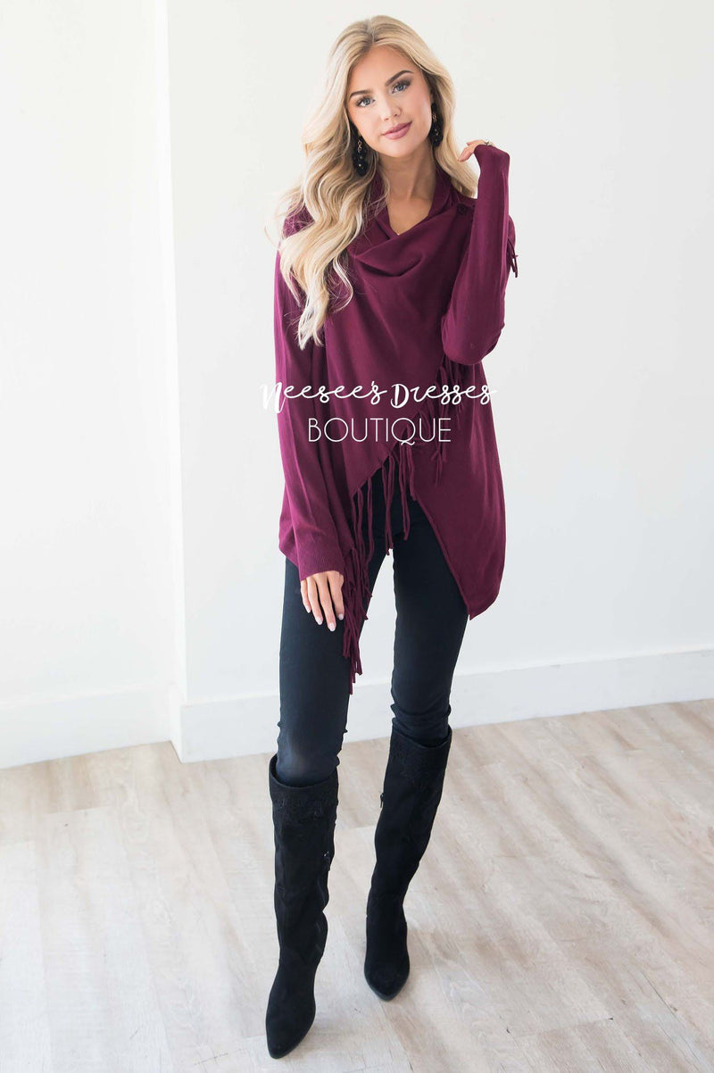 Burgundy Fringe Wrap Sweater Modest Dresses | Cute Comfy Cardigans and ...