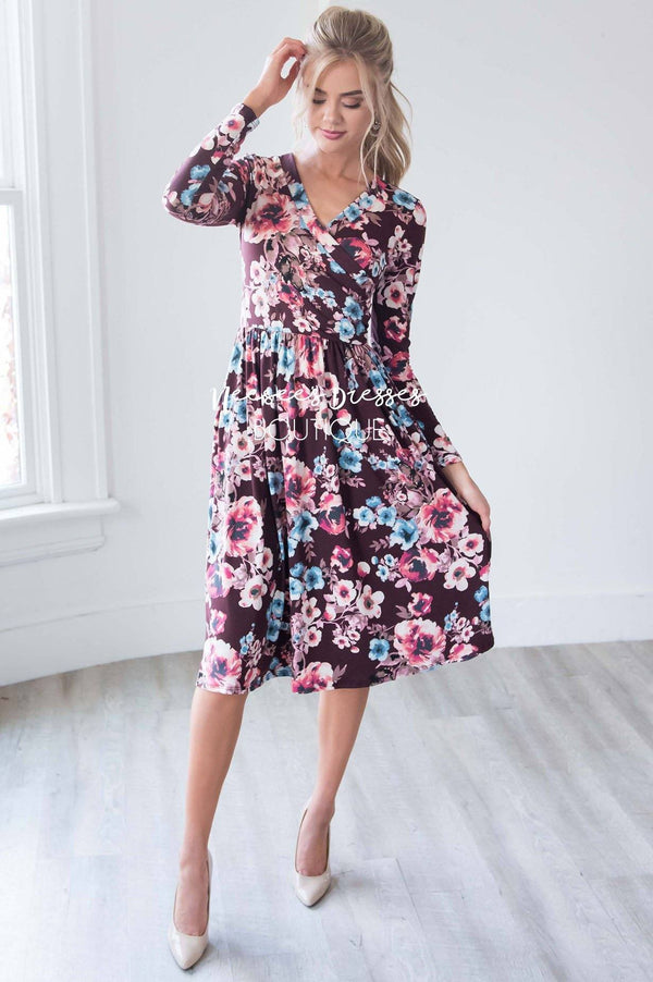 Burgundy Waterpaint Floral Cross Over Modest Dress | Best Modest Dress ...