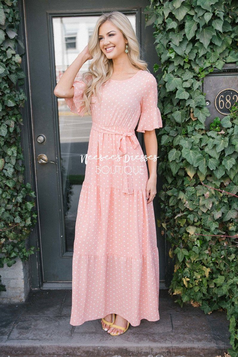 Pink Polka Dot Flutter Sleeve Tiered Maxi Dress | Best and Affordable ...