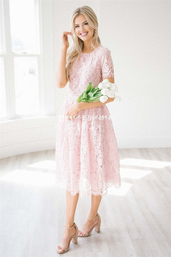 Blush Pink A Line Stunning Lace Modest Dress | Modest Bridesmaids ...