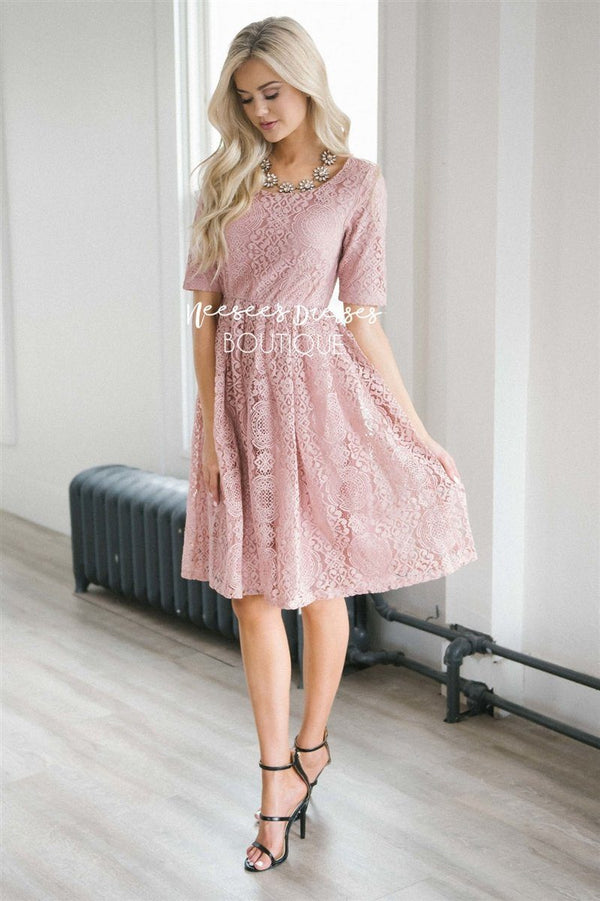 Dusty Pink Lace Modest Dress | Modest Bridesmaids Dresses with Sleeves ...