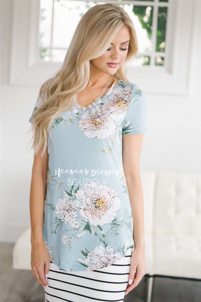 Soft Dusty Aqua Floral Top | Modest Bridesmaids Dresses with