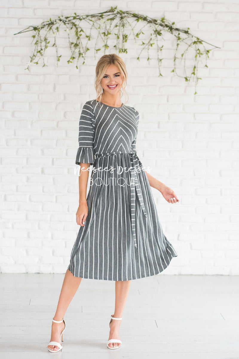 Gray Striped Tie Waist Bell Sleeve Dress | Best Modest Dresses - NeeSee ...